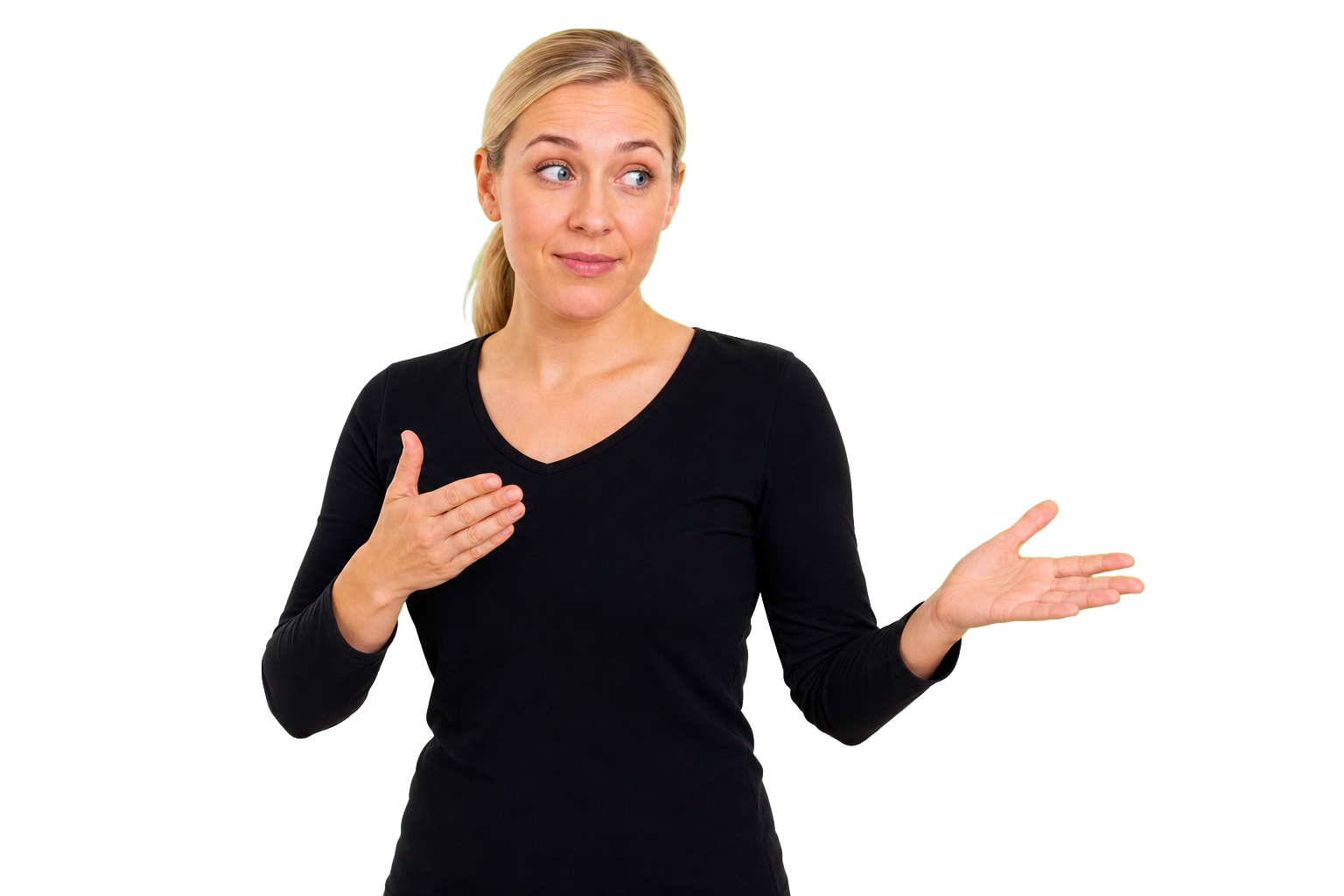 ASL signer shifting body position to show two people in a story