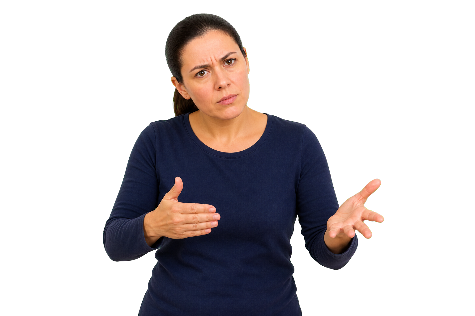 ASL signer emphasizing a WH question with furrowed eyebrows