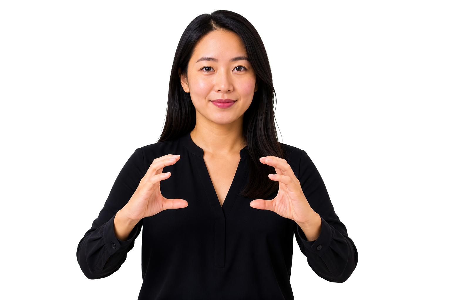 ASL signer showing curved C handshapes for a cylinder or container