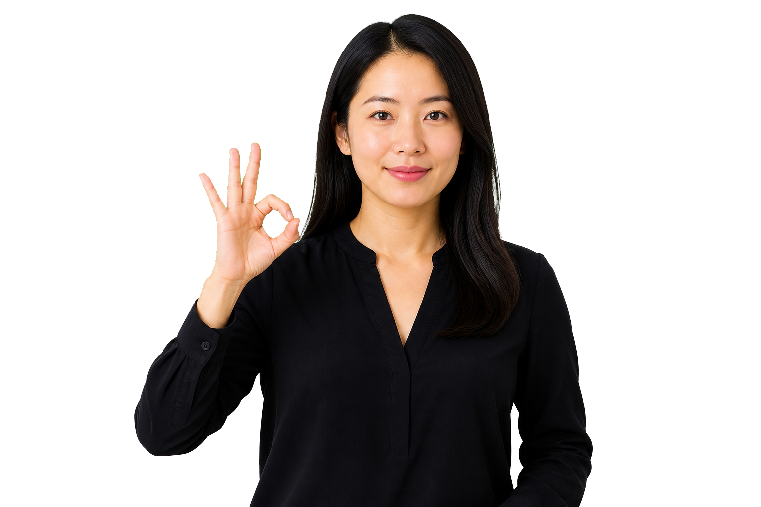 ASL signer showing an F handshape for a small round object