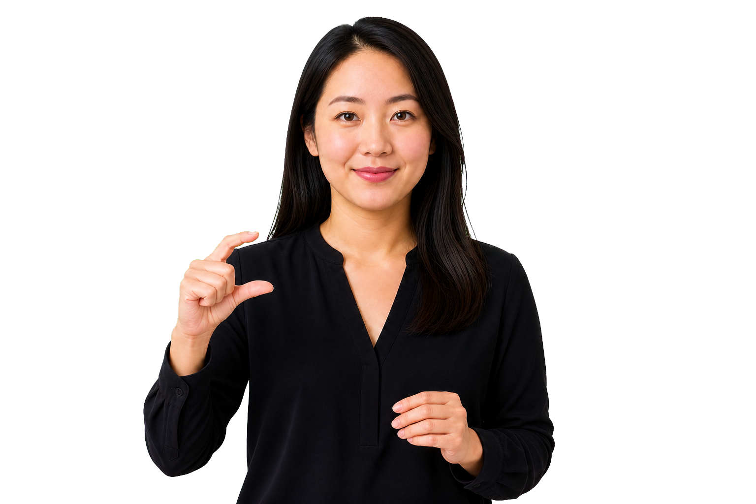 ASL signer showing a G handshape for thinness