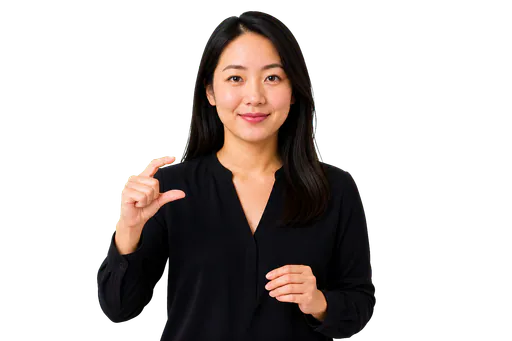 ASL signer showing a G handshape for thinness