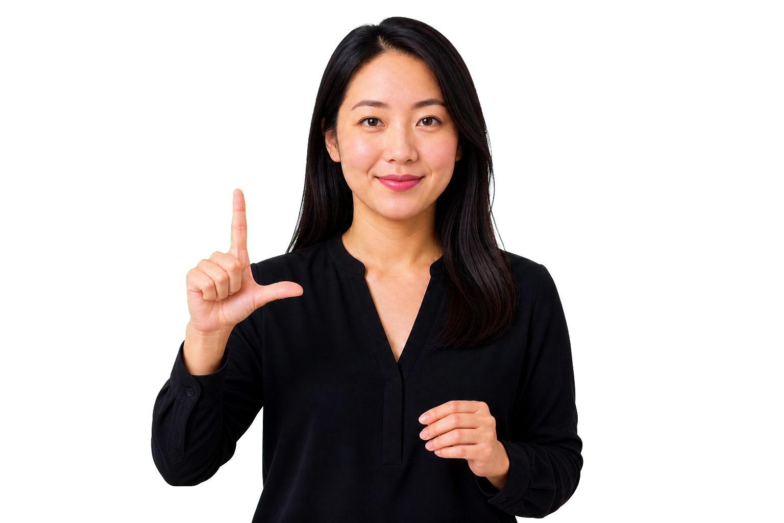 ASL signer showing an L handshape for a frame or rectangle