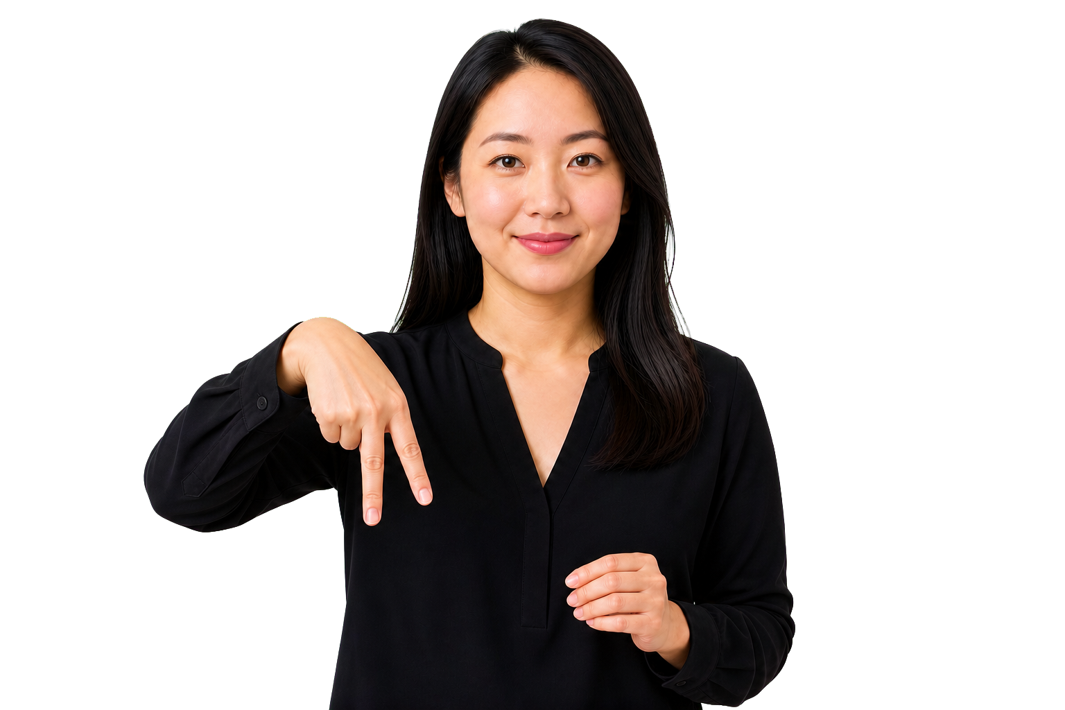 ASL signer showing an upside-down V handshape for legs
