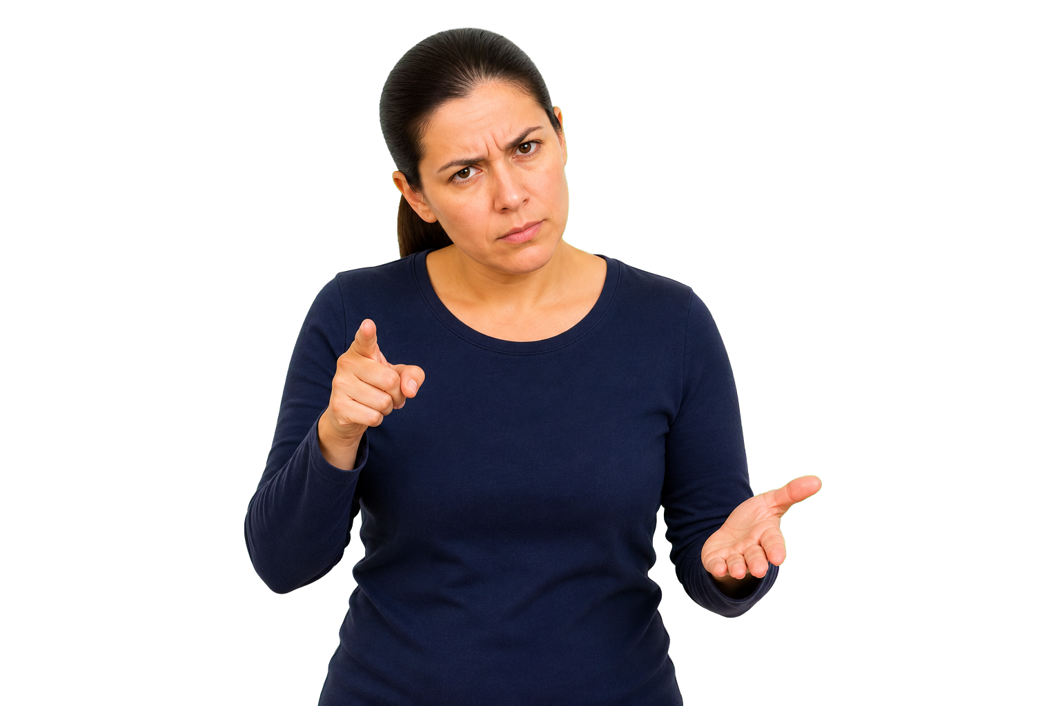 ASL signer asking a specific WH question with head slightly down