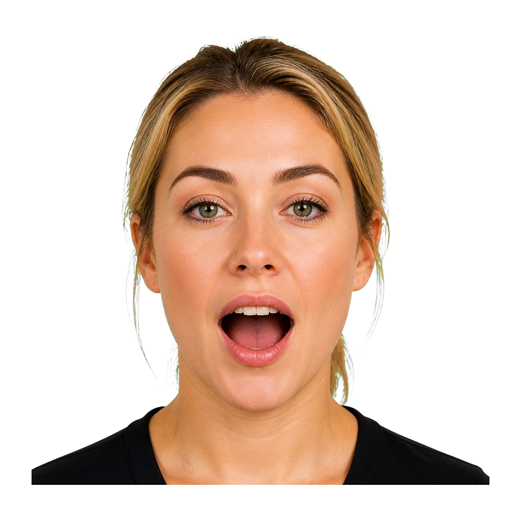 Close-up of an ASL signer using an open AHH mouth for far distance or long duration