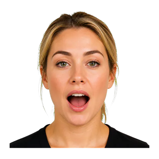 Close-up of an ASL signer using an open AHH mouth for far distance or long duration