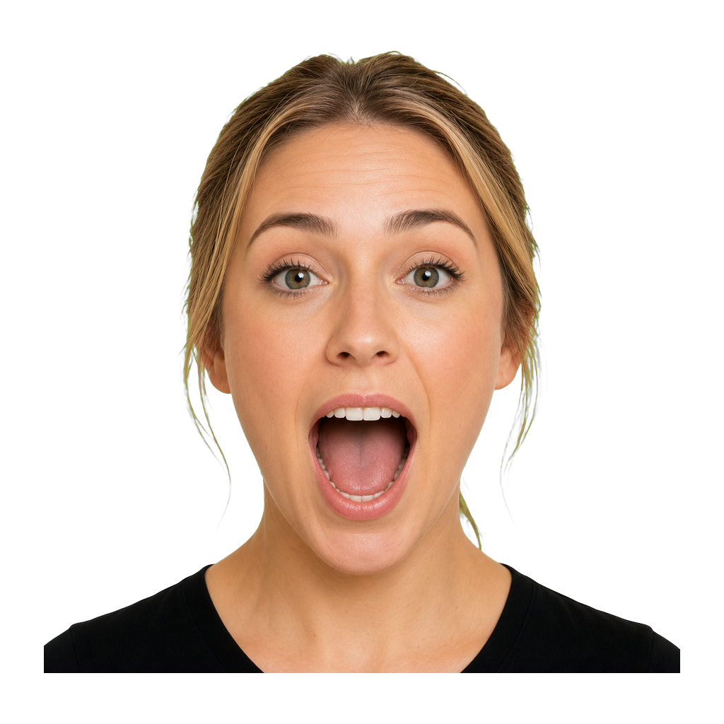 Close-up of an ASL signer using a wide CHA mouth shape for very large