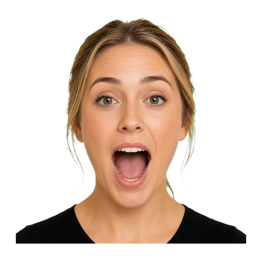 Close-up of an ASL signer using a wide CHA mouth shape for very large