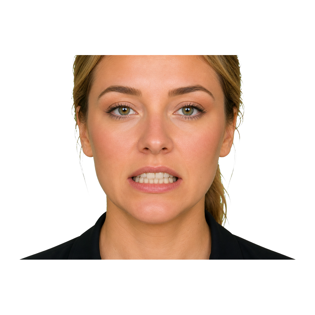 Close-up of an ASL signer clenching teeth for CS mouth meaning just or very close