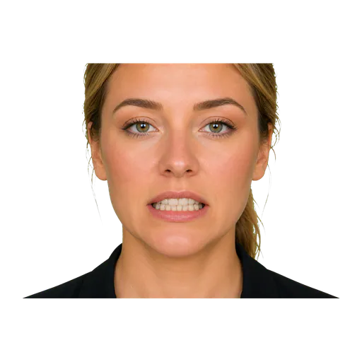Close-up of an ASL signer clenching teeth for CS mouth meaning just or very close