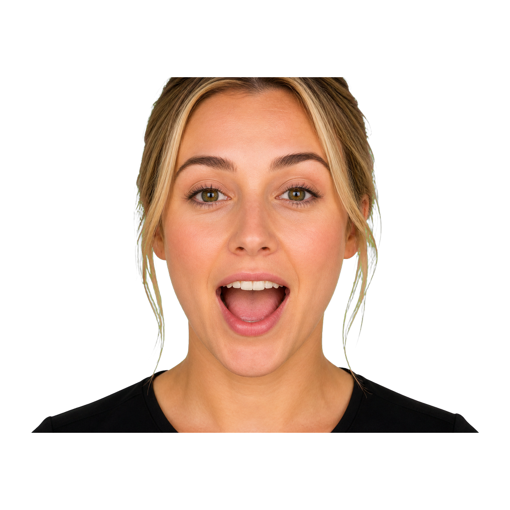 Close-up of an ASL signer showing an explosive PAH mouth for finally or success