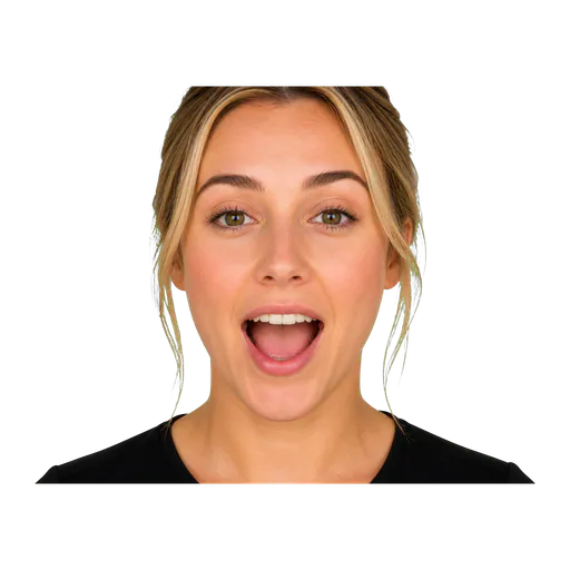 Close-up of an ASL signer showing an explosive PAH mouth for finally or success