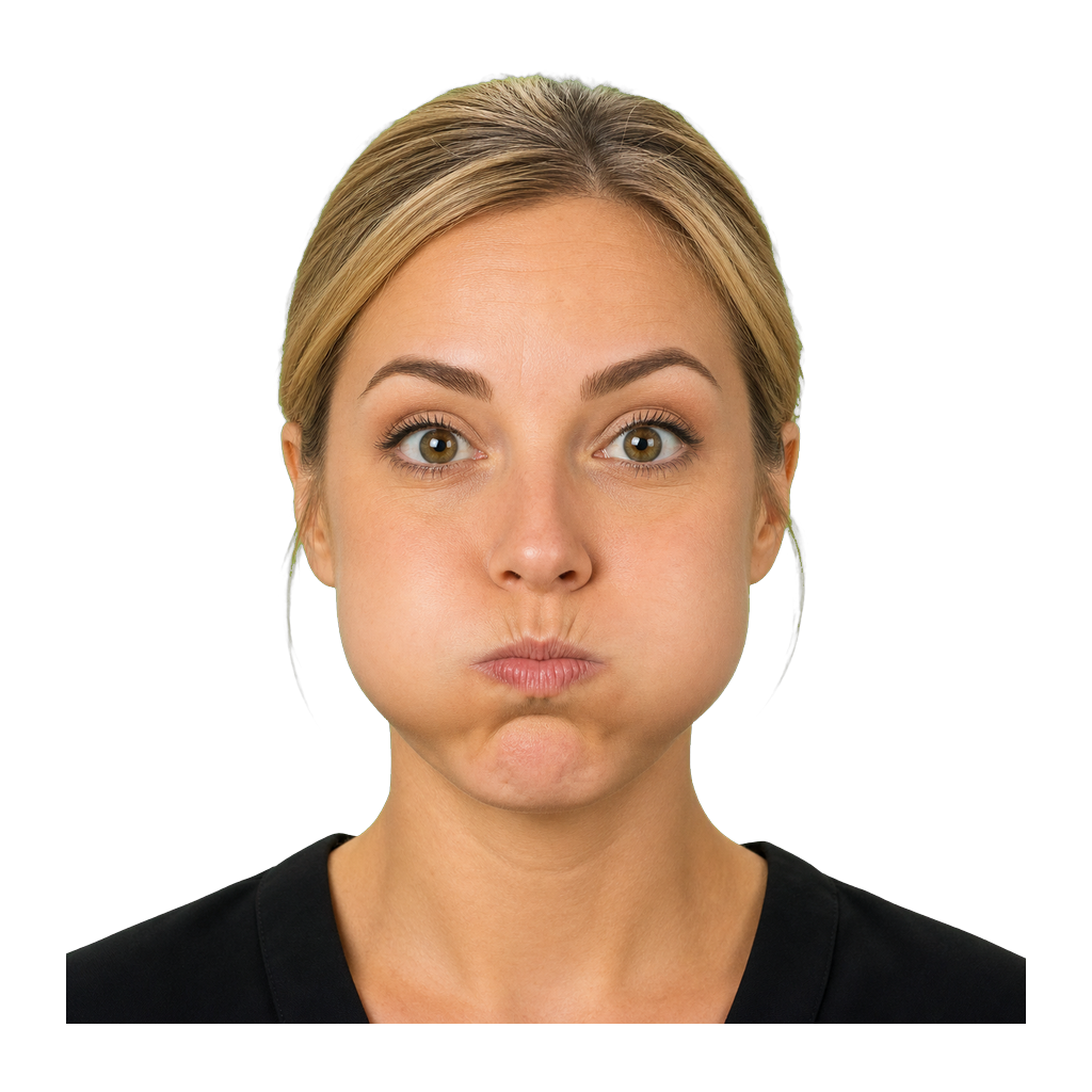 Close-up of an ASL signer puffing cheeks to show many or bulky