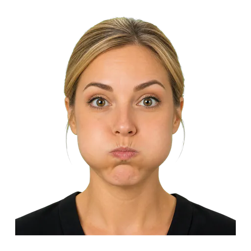 Close-up of an ASL signer puffing cheeks to show many or bulky