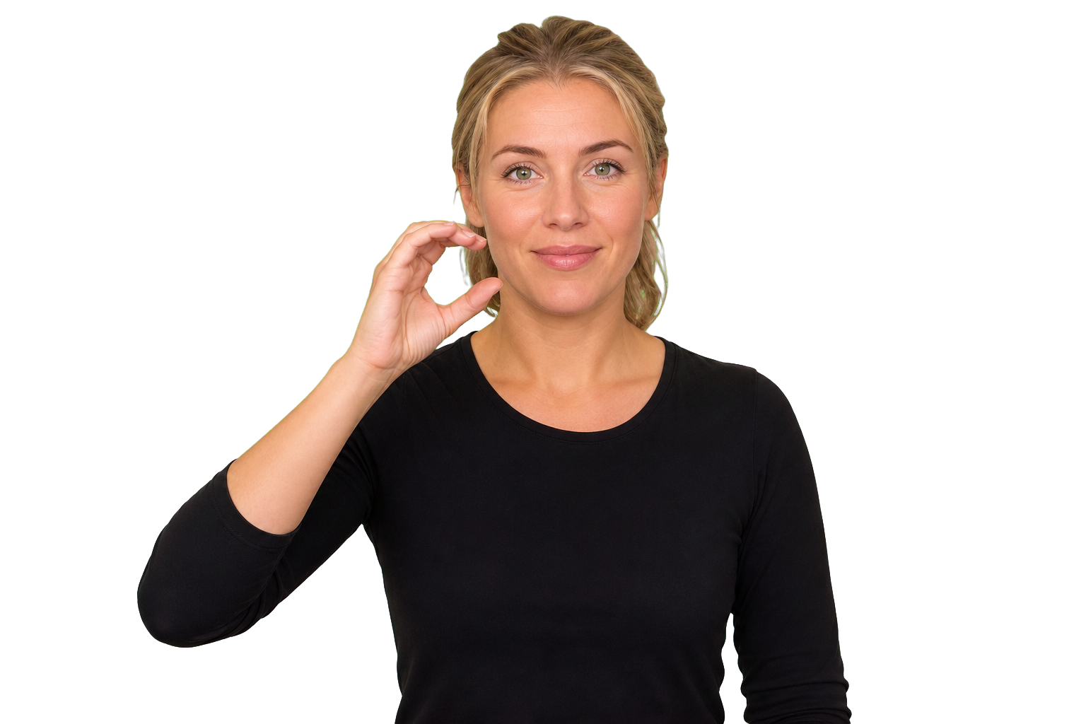 ASL signer ready to teach mouth morphemes with a clear face and black top