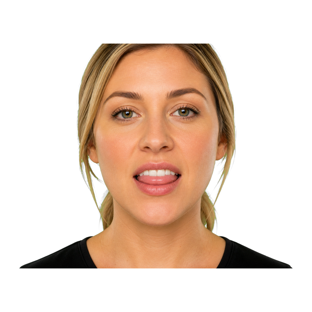 Close-up of an ASL signer using TH mouth with tongue slightly out for careless action