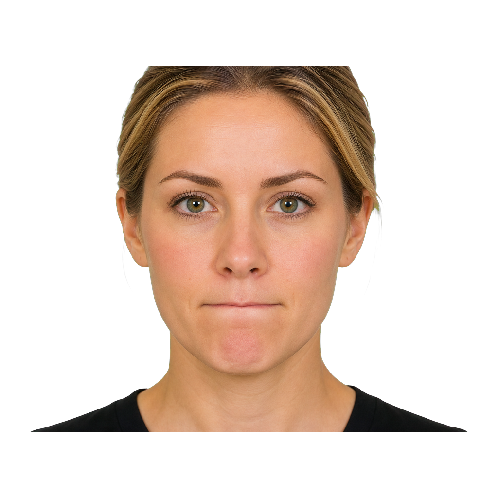 Close-up of an ASL signer pressing lips tightly for careful or focused action