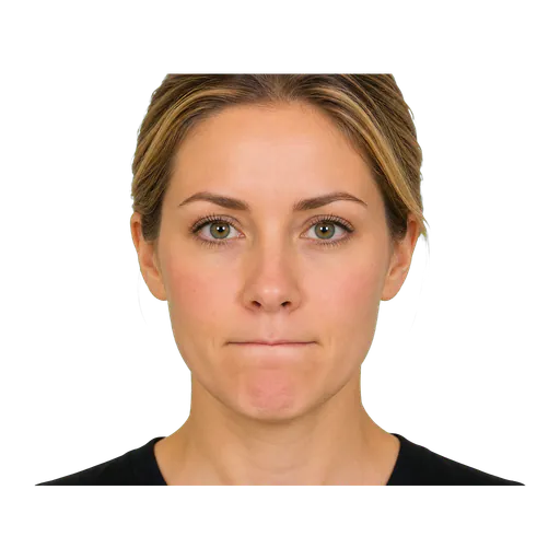 Close-up of an ASL signer pressing lips tightly for careful or focused action