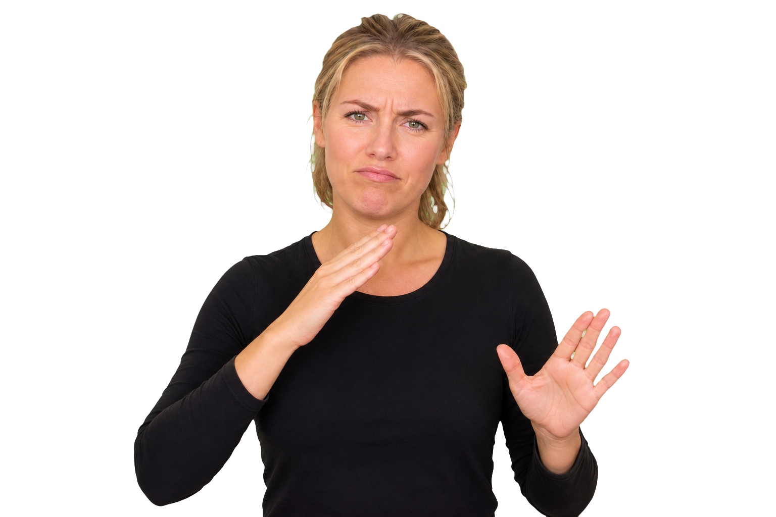 ASL signer using a negative sign with a headshake for emphasis