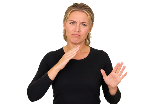 ASL signer using a negative sign with a headshake for emphasis