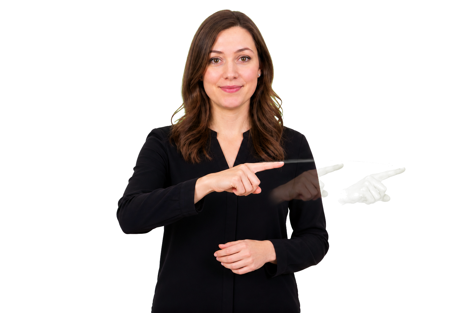 ASL signer pointing across signing space to show a plural pronoun sweep
