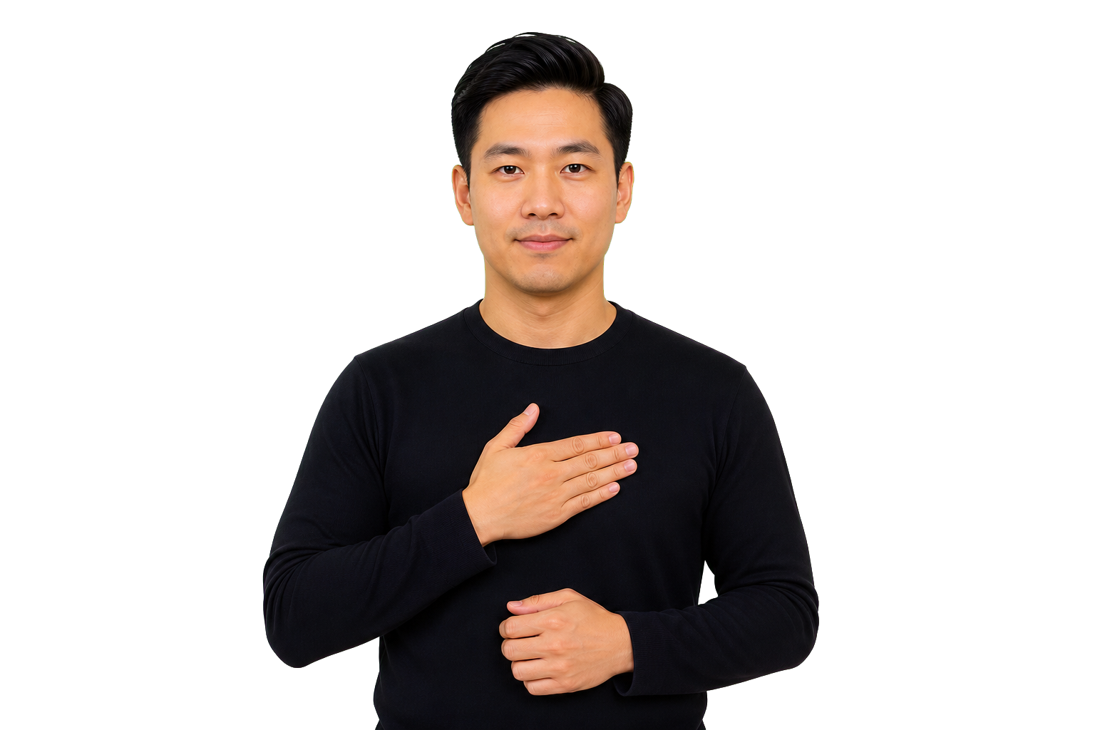ASL signer showing a flat B handshape for possession