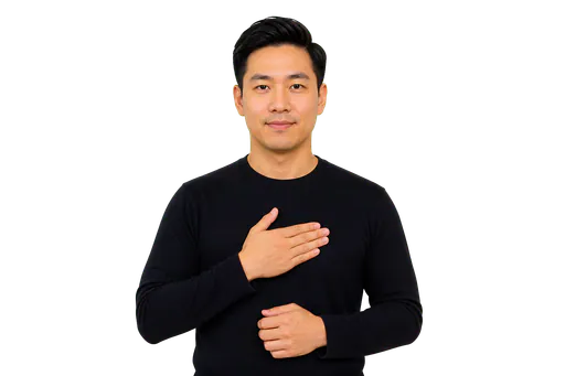 ASL signer showing a flat B handshape for possession