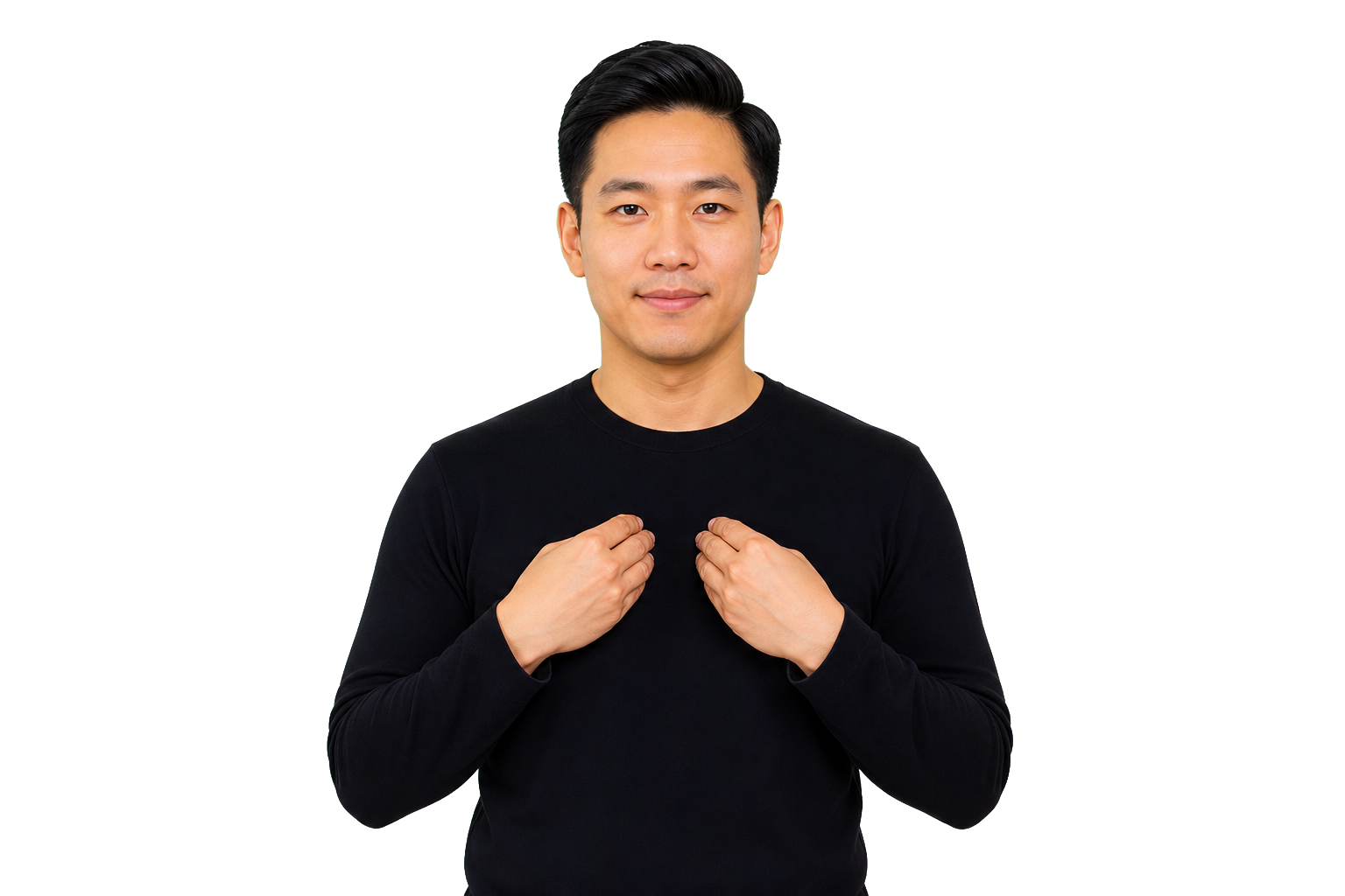 ASL signer showing HAVE for possession near the chest