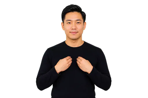 ASL signer showing HAVE for possession near the chest