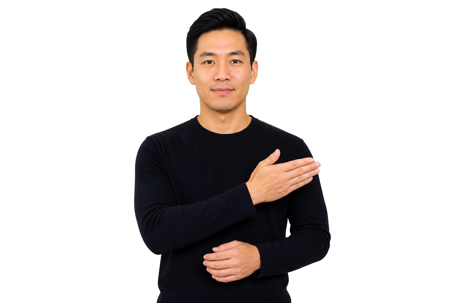 ASL signer aiming a flat B hand toward a third-person space