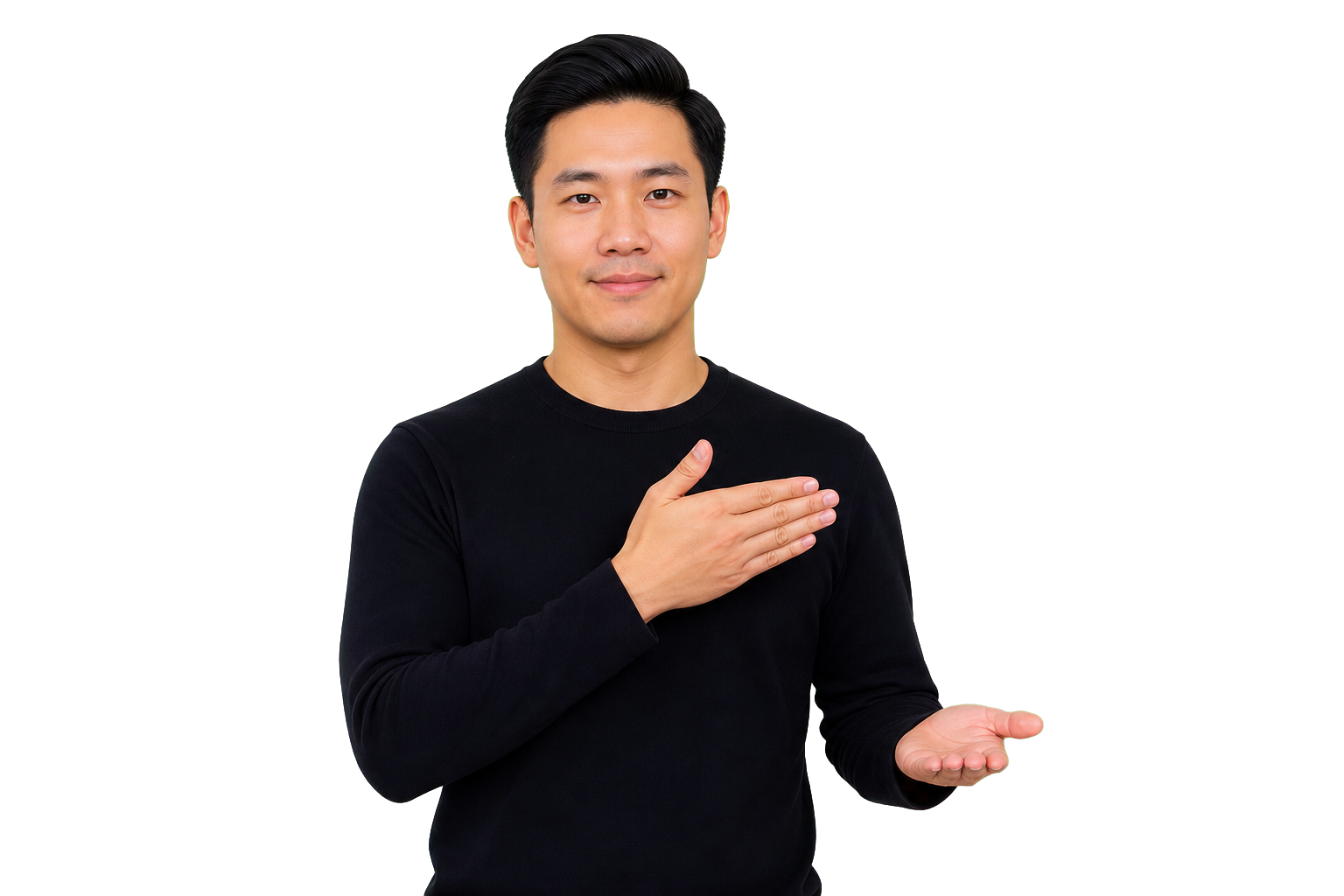 ASL signer showing a simple name possession teaching pose