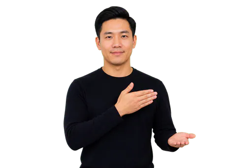 ASL signer showing a simple name possession teaching pose