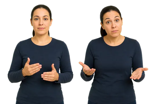 ASL signer comparing a neutral statement face with a questioning face