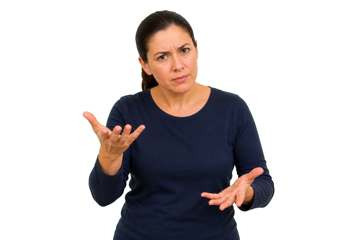 ASL signer using furrowed eyebrows for a who what where when why question